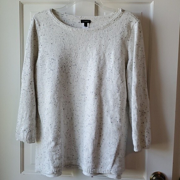 TALBOTS WOOL COTTON BLEND WHITE BLACK SPECKLED SWEATER SIZE LARGE CREW NECK - Picture 1 of 9